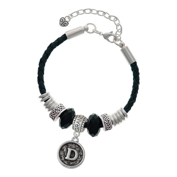 Delight Jewelry Silvertone Antiqued Round Seal - Initial - D - Granddaughter Celtic Knot Leather Bead Bracelet, 7" 2" Extender