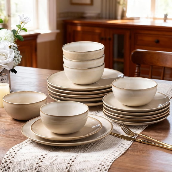 Ceramic Dinnerware Sets for 4, 12 Pieces Handpainted Stoneware Plates and Bowls Set, Scratch Resistant Dishes Set, Dishwasher & Microwave Safe, Cappuccino