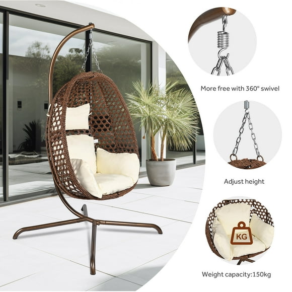 Patio Egg Chairs with Stand, Hanging Swing Hammock Lounge Wicker Rattan Chair with Cushion and Pillow