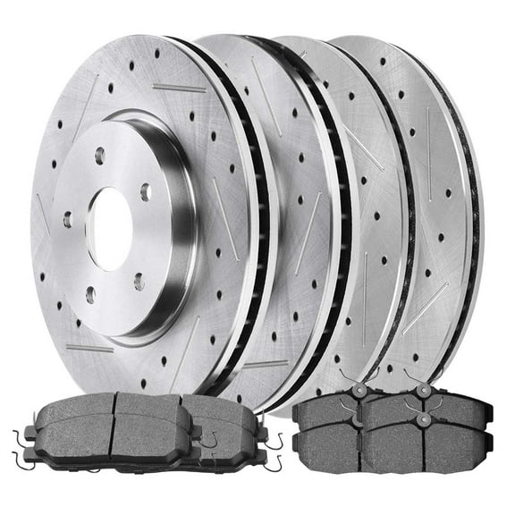 AutoShack Front & Rear Drilled & Slotted Brake Rotors Premium Ceramic Brake Pads | Replacement for 2005-2010 Ford Mustang 4.0L V6 RWD | Zinc Coated | 12-PC Brake Kit | SilverShield Pro