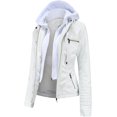 thumbnail image 3 of Chaqueta casual de piel sintética con cuello alto y capucha desmontable para mujer, talla grande, abrigo corto para motociclista, 3 of 5