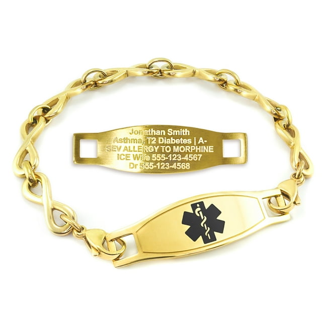 MedicEngraved Bracelet d'Alerte Médicale Personnalisé en Acier Inoxydable Or Jaune - Maillon Infini 6 mm