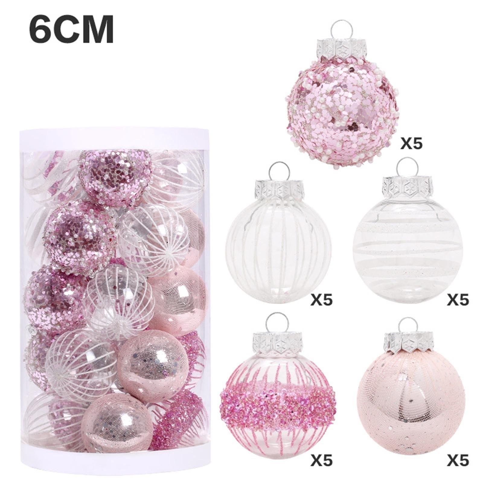 25Pcs Christmas Ball Ornaments PET Glitter Hollow Baubles Hanging Tree Pendants for Xmas Wreath Garland Home Commercial Holiday Party Decor Pink