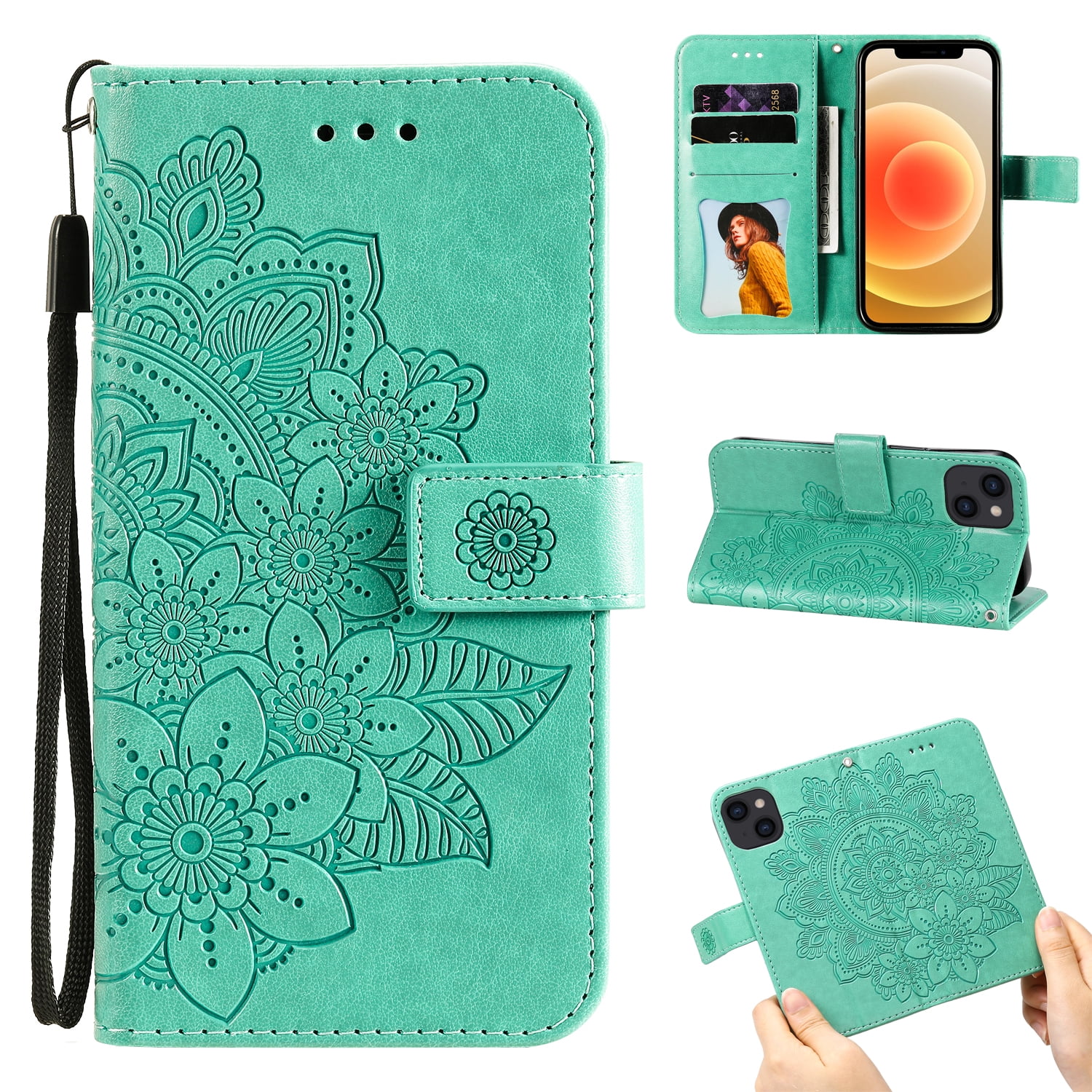 Allytech Wallet Case for iPhone 13 Mini (5G), Embossed Floral PU
