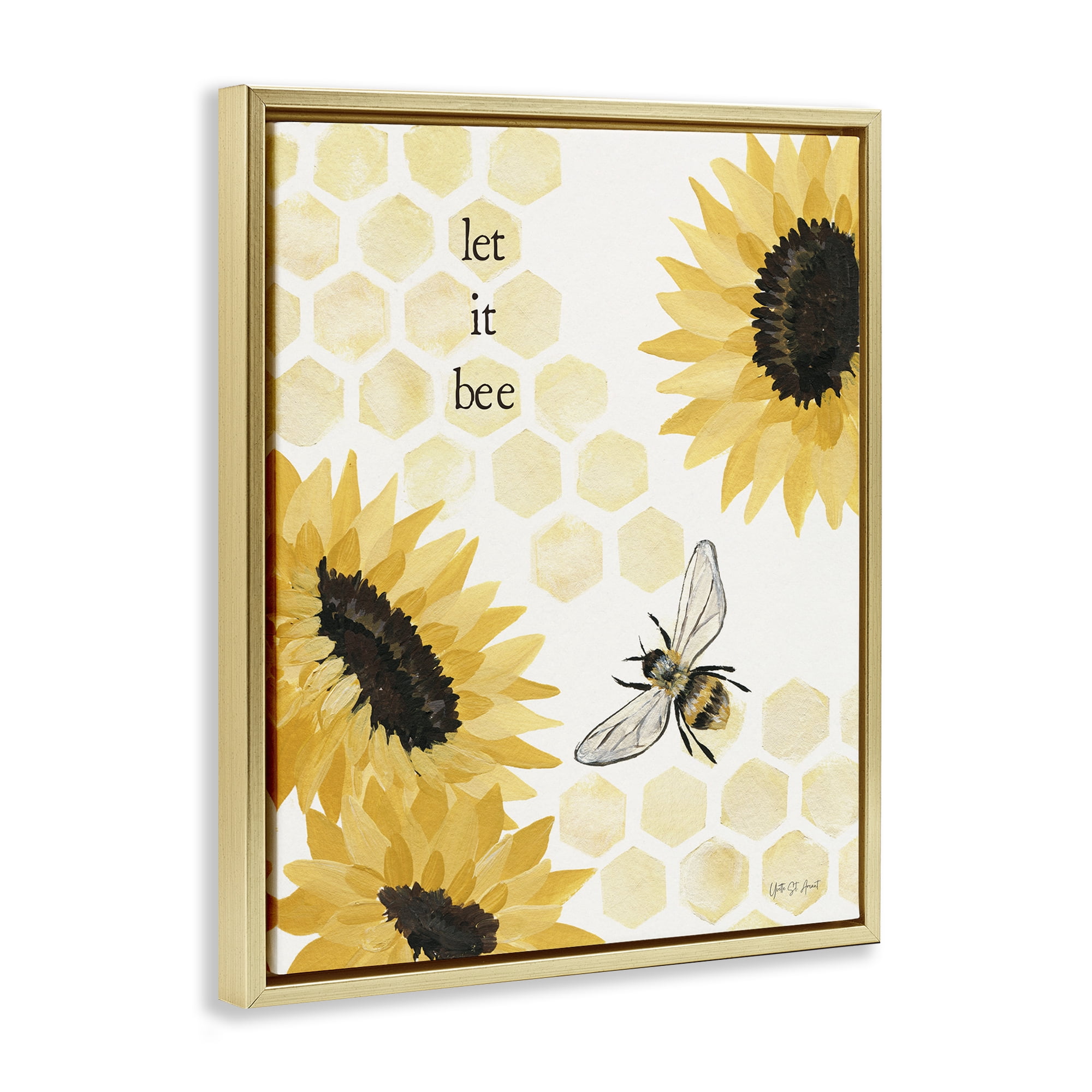 Stupell Industries Let It Bee Honeycomb Botanical & Floral Painting Gold Floater Framed Canvas Art Print Wall Art, 17 x 21