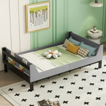 Twin Bed with Headboard, Footboard, Safeguards, Built-in Bed-end Book Storage Rack ,Grey