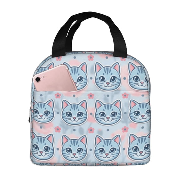 Cute Cat Lunch Bag With Cats Reusable Lunch Box Front Pocket Zipper Closure Leakproof Insulated Cooler Tote Bag Food Container Cartoon LunchBox For Men Women Work Travel Picnic