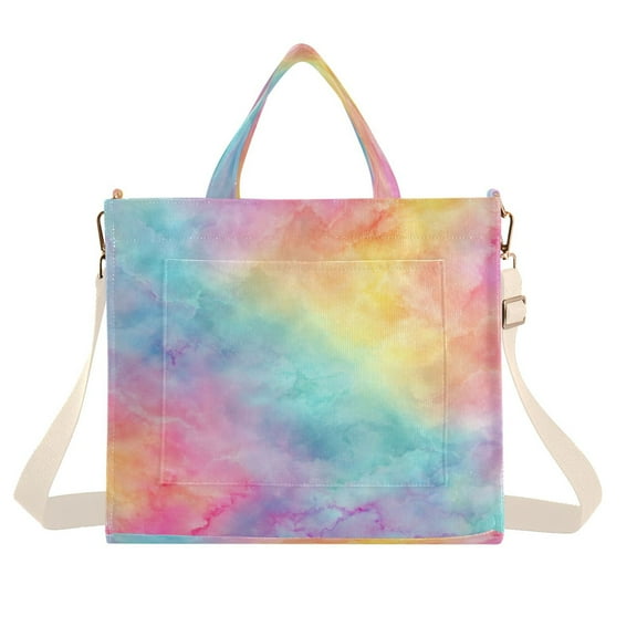 Corduroy Composite Fabric Tote Bag Magnetic Snap Large Capacity Crossbody Bag Beige Shoulder Strap Pastel Rainbow Tie-dye Pattern