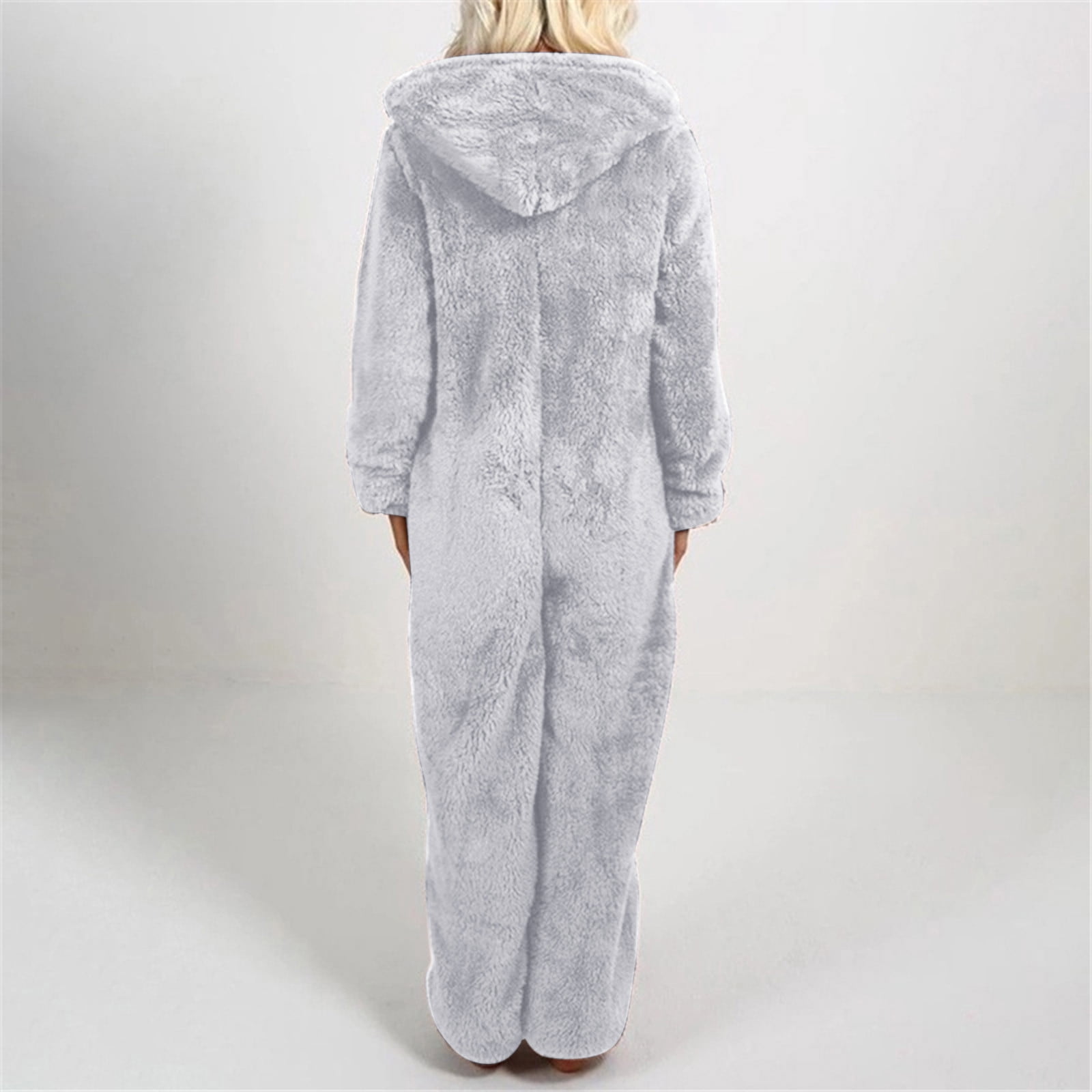 BiZtdJrK Women's Sherpa Lined Jumpsuit Adult Onesie Hooded Pajamas Winter Warm Long Sleeve Fuzzy Overalls Sleepwear, Gray, XL