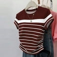 thumbnail image 1 of Uootdi Womens Color Block Striped Tops Round Neck Short Sleeve Ruched Side Design Everyday Chic Style Lightweight Comfortable Tees Gift, 1 of 5
