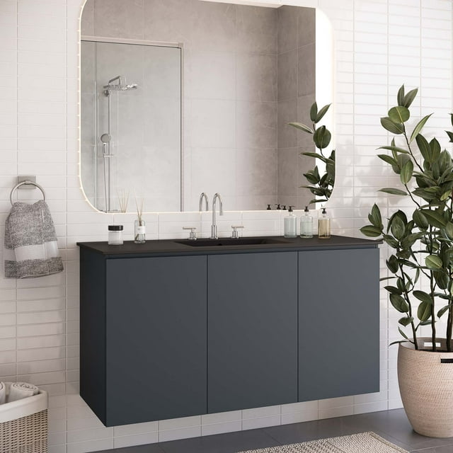 Modway Bryn Meuble-Lavabo de Salle de Bain Mural 48 Pouces Gris Noir