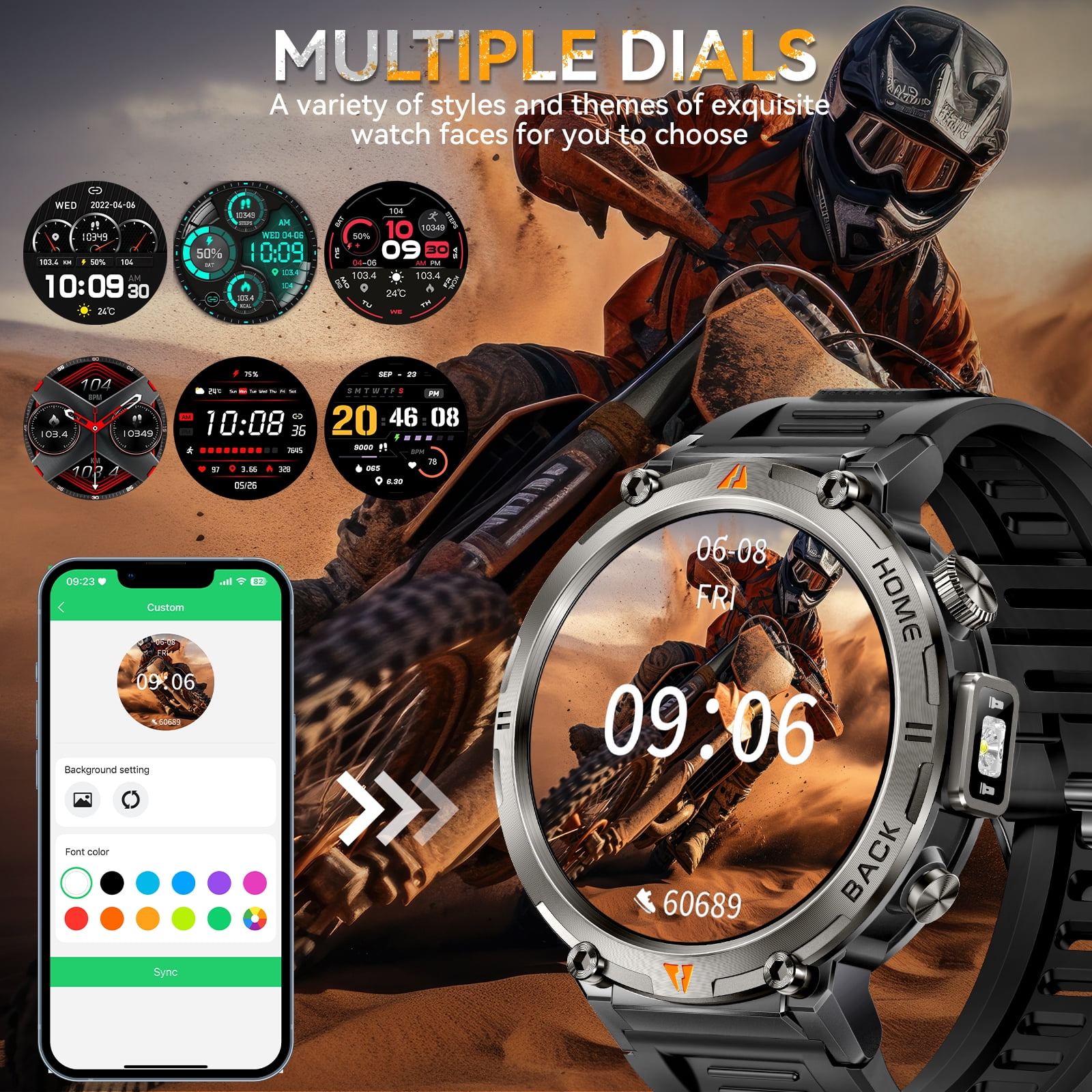 EIGIIS KE3Pro Smart Watch with Flashlight for Men, 3ATM Waterproof Watch with GPS, 530mAh Outdoor Sports Watch Compatible with Android iOS, 1pc
