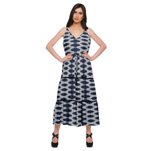 Moomaya Robe Longue Maxi pour Femmes en Coton Imprimé à Bretelles Spaghetti et Col en V