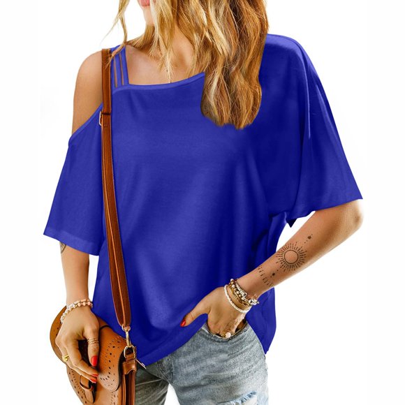 Frostluinai Women's Dew Shoulder T Shirts Oversized Short Sleeve Tops Casual Loose Tunic Shirts Solid Color Summer Tees Lightweight Blouses