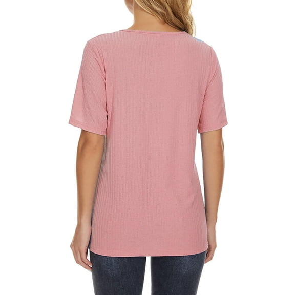 Vedolay Casual Tops For Women Women 2023 Summer Casual Split V Neckline Chiffon Blouses Loose Tunic Short Sleeve Tops,Pink M