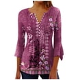 thumbnail image 1 of Pompotops Women's Casual Trumpet 3/4 Sleeve Printed Buttoned Basic Ruched Tops Pleated T-shirts Blouses Clearance, 1 of 5