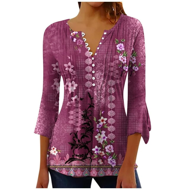 Pompotops Women's Casual Trumpet 3/4 Sleeve Printed Buttoned Basic Ruched Tops Pleated T-shirts Blouses Clearance