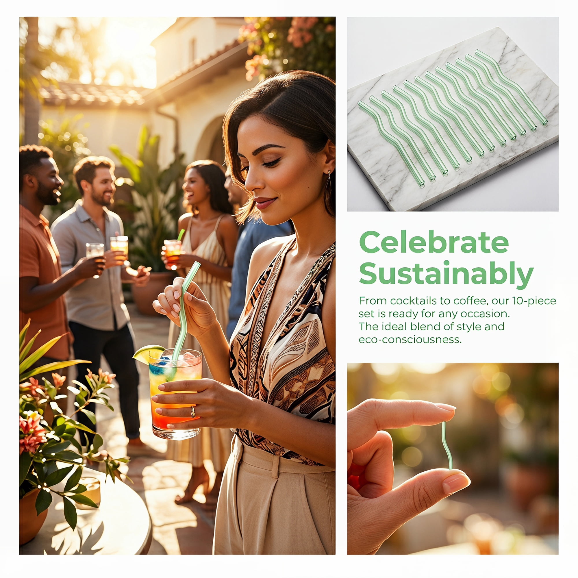 Unique Bargains 10Pcs Reusable Glass Dishwasher Safe Straws Light Green
