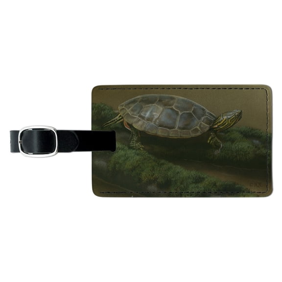 Painted Turtle on a Mossy Log Rectangle Leather Luggage Card Suitcase Carry-On ID Tag