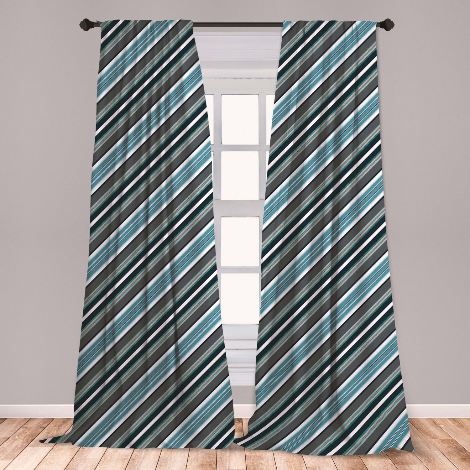 Striped Curtains 2 Panels Set, Navy Retro Style Diagonal Stripes Pattern Modern Artwork Design