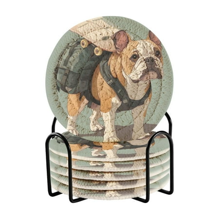 

Coil Coasters Set of 6，Bulldog Carrying Skateboards3.94-inch diameter printed on one side non-slip heat-insulating moisture-wicking home accessory.