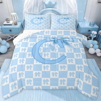 jejeloiu Kawaii Bows Full Size Comforter Sets,Blue Letter C Bedding Sets For Bowtie Girls Reversible 3 Pieces