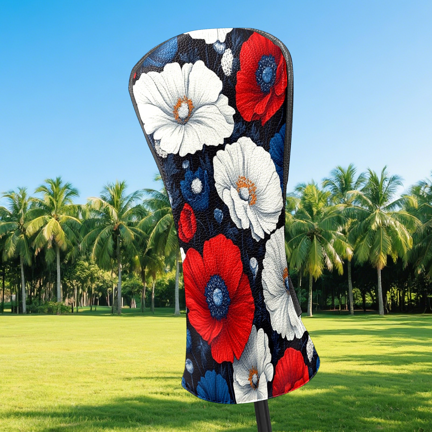 Golf Club Covers PU Leather Waterproof Head Covers for Fairway Woods Hybrids Red White Poppy Flowers Unisex Fits Most Brands