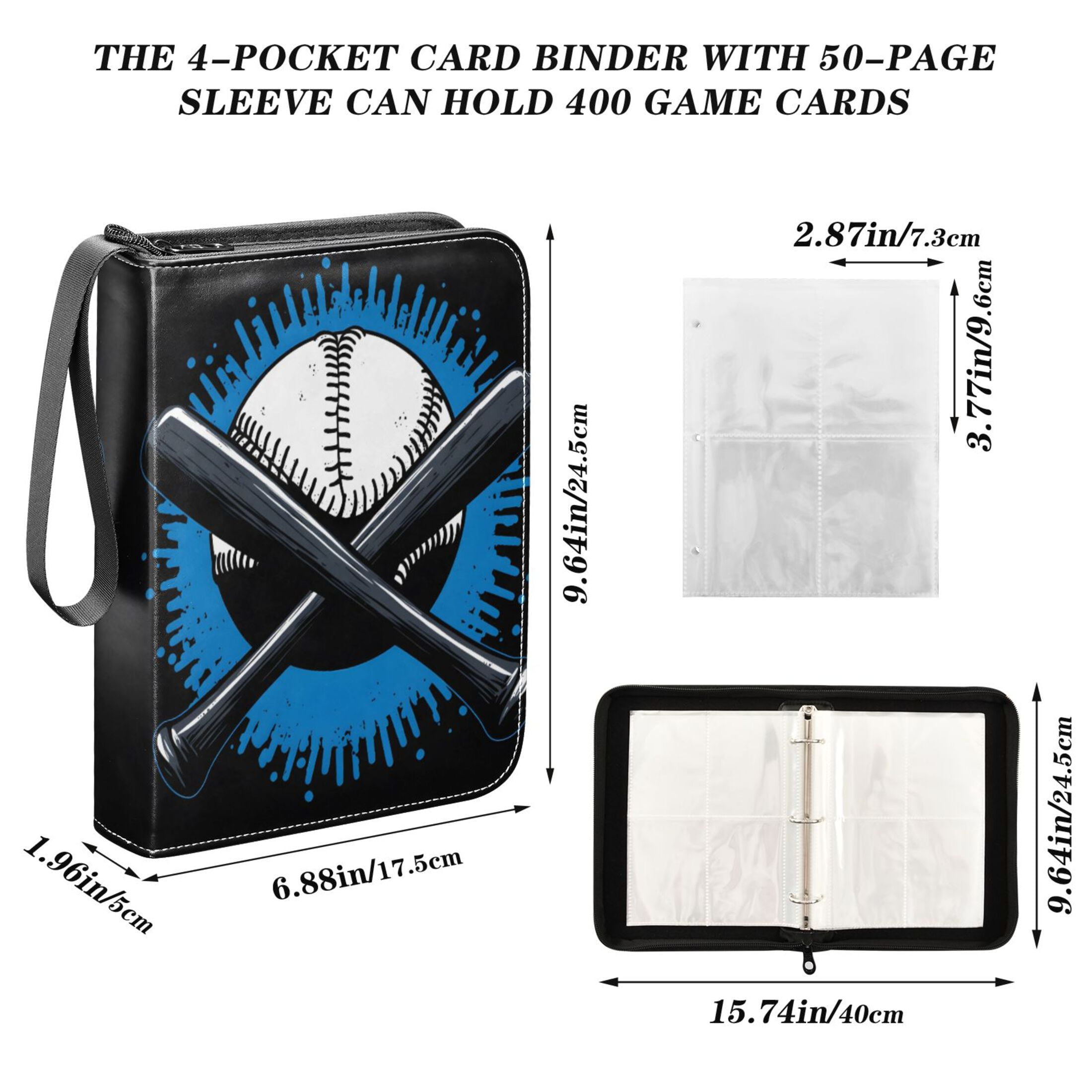 Trading Card Binder Album 400 Pockets 50 Removable 4-Pocket Pages Waterproof Baseball Bat and Baseball