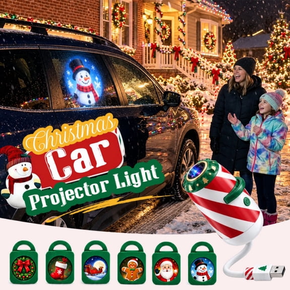 Merry Ride Christmas Car Projector Light, USB Christmas Projector for Car Interior, Window, Wall and Home Decor, Festive Projection Light (6 patterns)