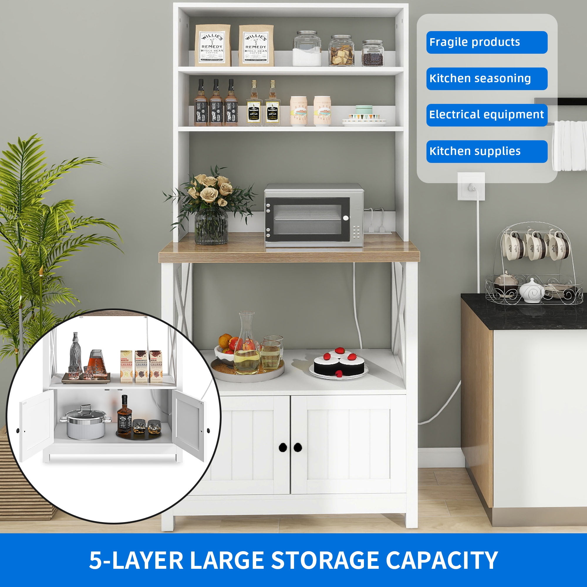 DEXTRUS 5-Tier Kitchen Bakers Rack with Storage Cabinet, 39" Microwave Stand with Power Outlet,White
