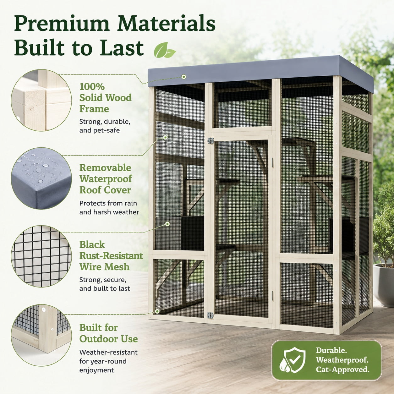 Aukfa 70"H Wooden Outdoor Cat Catio with Waterproof Roof, Large Cat Enclosure for Multiple Cats,Gray