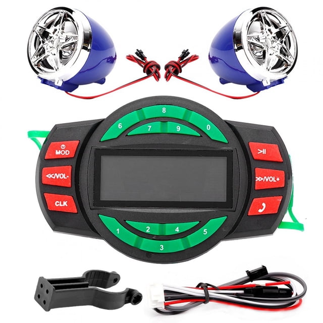 Reproductor MP3 para motocicleta con pantalla LCD resistente al agua, radio FM Bluetooth y altavoz con carga para teléfono.