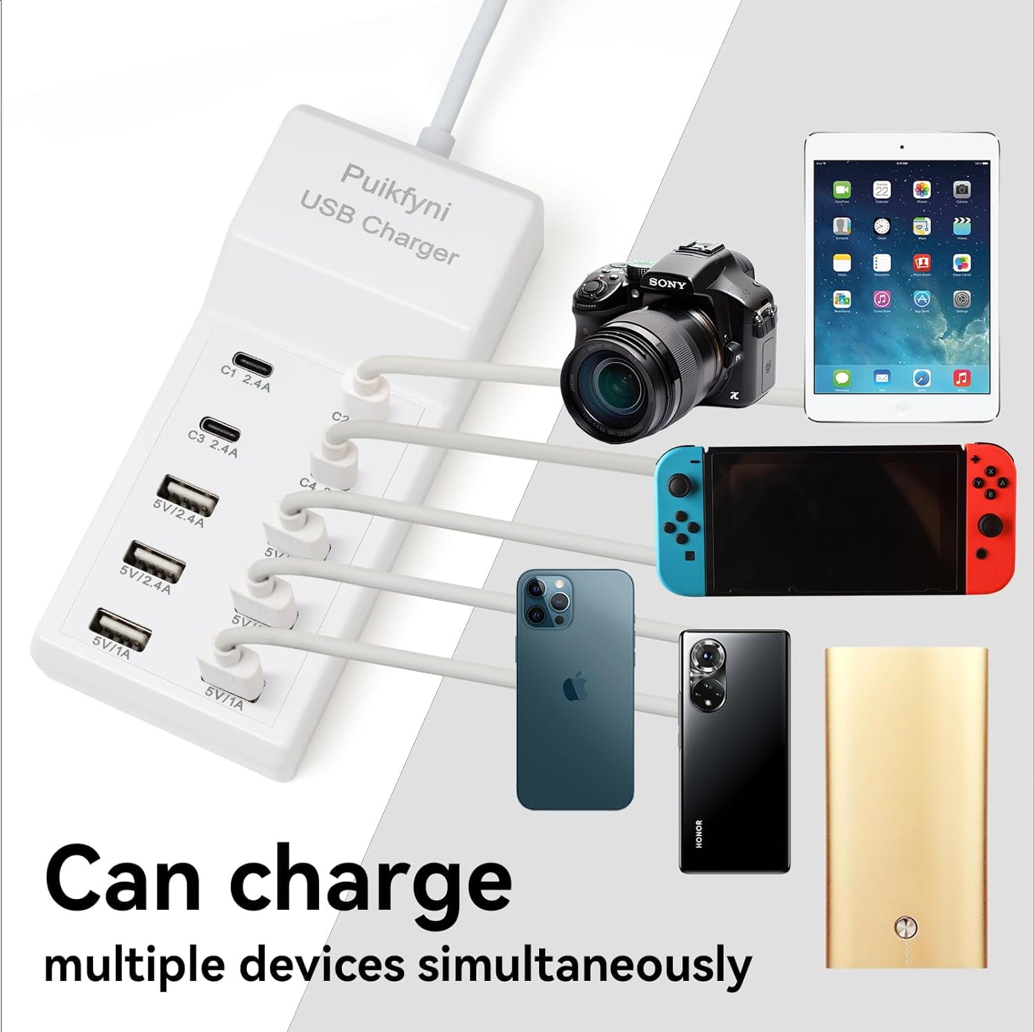 HRTGFD-Portable USB C Charging Station,4 -C- Ports, USB Charging hub 10-Ports/USB c Charger Block for Multiple Devices Phones Tablet Smartwatch Headphones Speakers (USB-4C+6A)