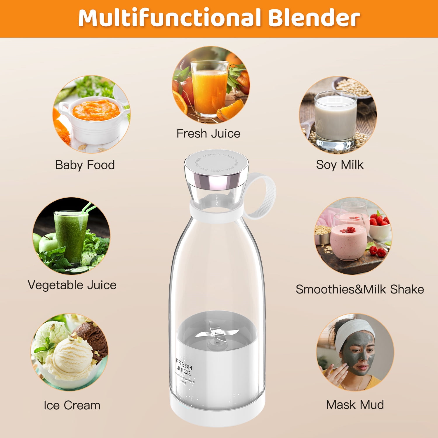 Uezeth Portable Blender, Electric Blender Bottle Juicer Cup, Personal Blender for Shakes and Smoothies,350ml