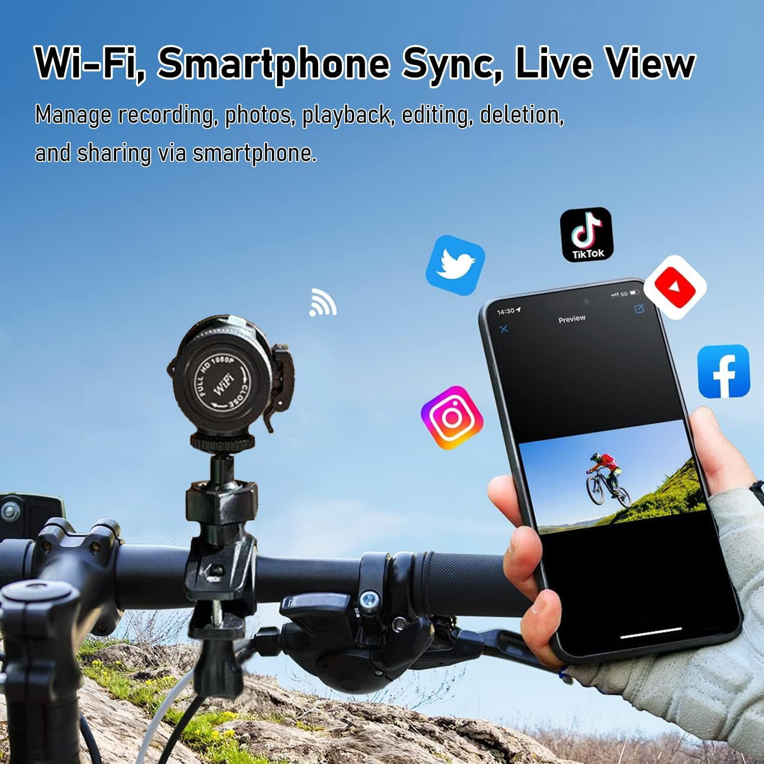 WiFi Helmet Camera, HD 1080P Bike Motorcycle Helmet Camera, IP66 Waterproof Action Camera for Cars, Bicycle, Motorbike & Sports Helmet (Without Card)