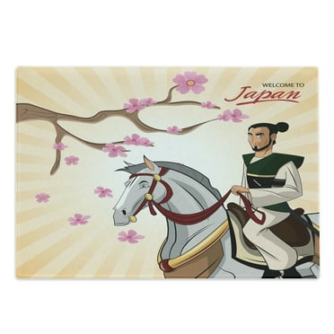 Samurai Cutting Board, Traditional Medieval Clothing Wearing Man on a Horse with Blooming Sakura Branch, Decorative Tempered Glass Cutting and Serving Board, in 3 Sizes, by Ambesonne