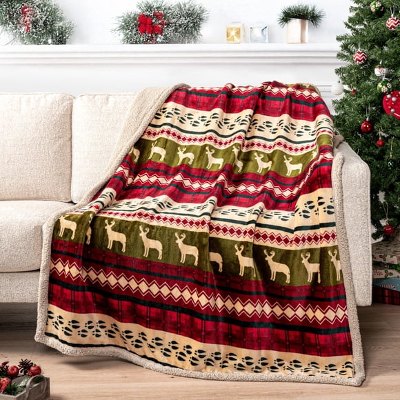 Manta Navideña Premium Pavilia Sherpa Fleece | Decoración Navideña de Peluche, Reno, Manta Invernal Reversible Acogedora para Sofá 127x152 cm