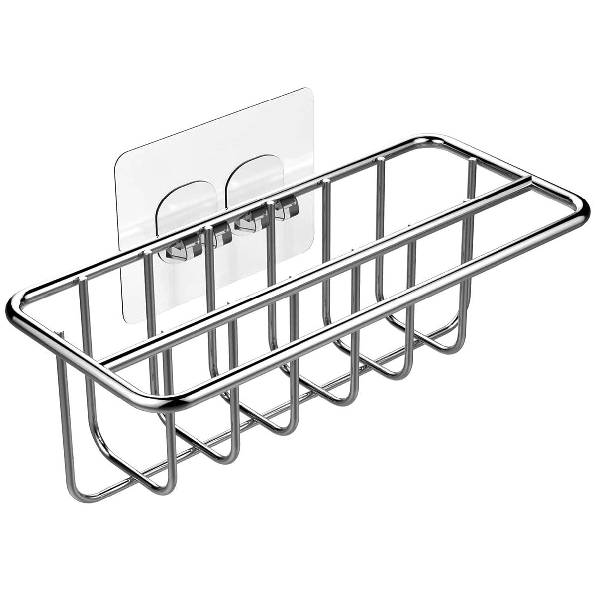 2 in 1 Silver Sink Sponge Holder, Adhesive Sink Brush Holder for Kitchen Sink, Stainless Steel Rustproof Sponge Caddy Dish Cloth Organizer No Drilling