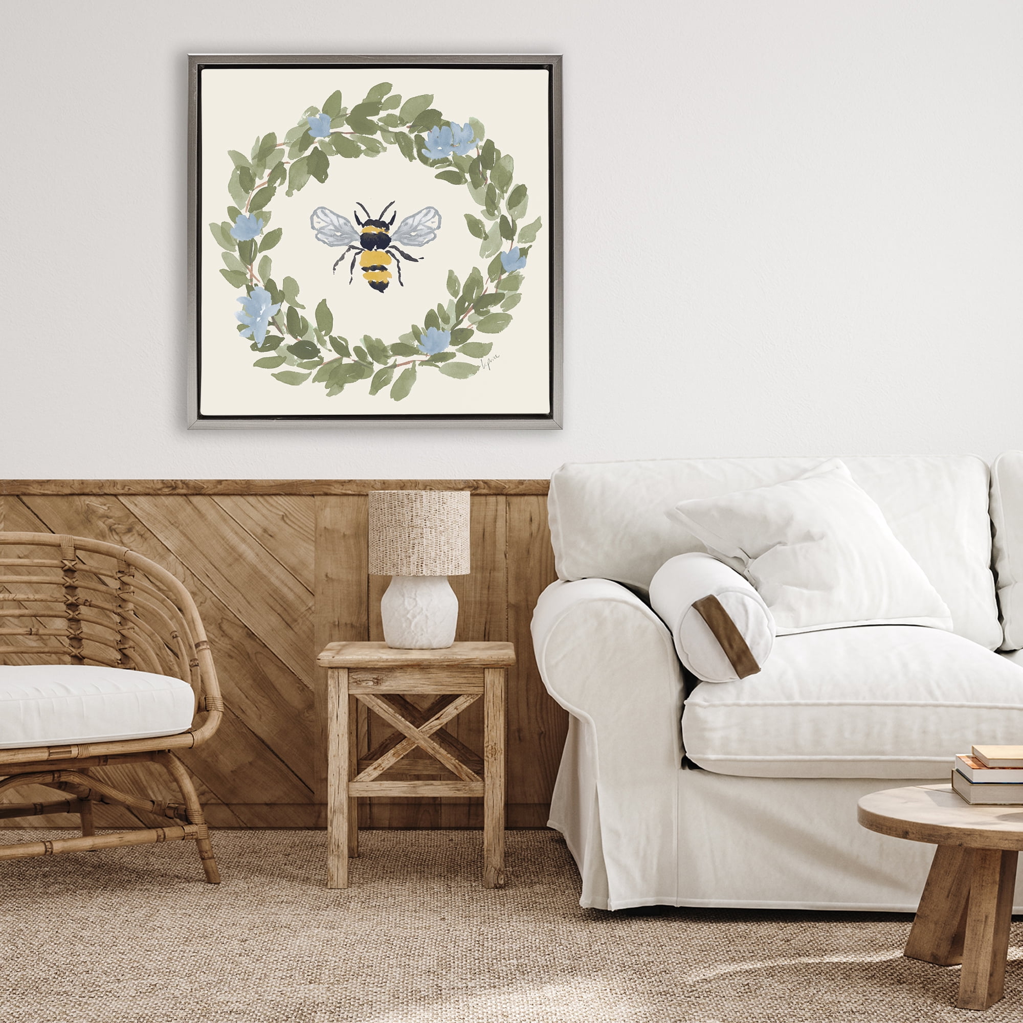 Stupell Industries Bee Celebration Wreath Gray Framed Floater Canvas Wall Art, design by Lucille Price