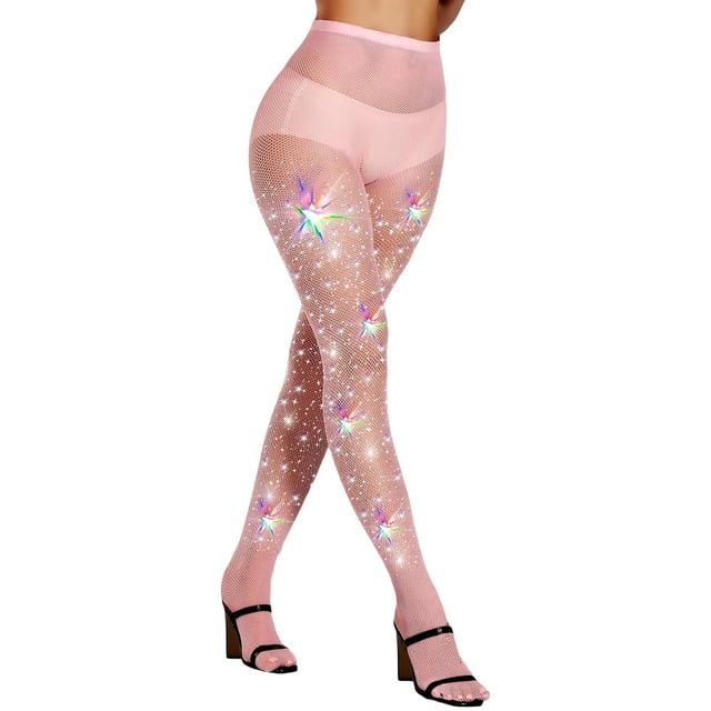 Fortune Women Sparkly Rhinestone Fishnets Stockings High Waist Tights Club Glitter Mesh Pantyhose
