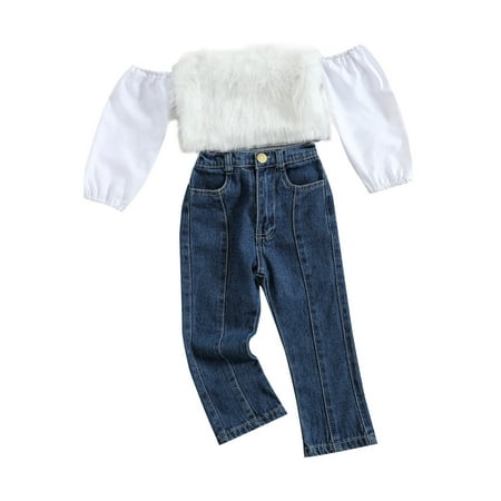 

EYIIYE Girls Fall Fuzzy Patchwork Off Shoulder Long Sleeve Crop Tops +Long Jeans with Pockets 2PCS Set 1-5 Years