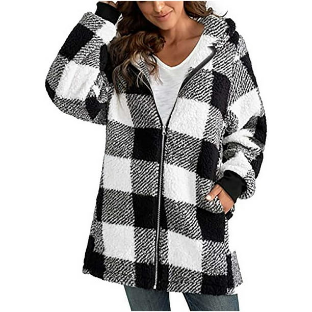 ICHUANYI Clearance Women's Fashion Keep Warm Casual Hooded Plaid Zip Pocket Jacket Top Blouse Coat(Black, S) ICHUANYI WER2023081206638