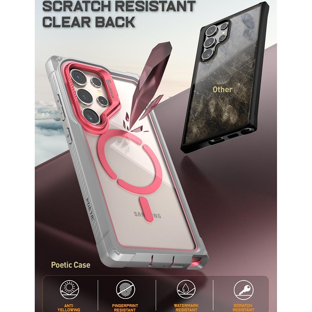 Poetic Guardian Case for Samsung Galaxy S24 Ultra 6.8", [Built-in Camera Stand] [Screen Protector Work with Fingerprint ID] Full Body Shockproof Protective Rugged Clear Cover, Pink/Clear