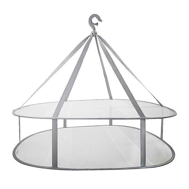 Double Layer Grey Clothes Drying Net with Windproof Hooks, Foldable Mesh Hanging Basket for Indoor Outdoor Use, Multi Function Clothes Dryer for