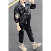 Kids Boys Collar Neck Zipper Closure Warm Solid Colored Leather Jacket