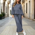 thumbnail image 6 of Asgosdo Women Two Piece Outfits Boho Grid Ruffle Long Sleeve Top and Wide Leg Pant with Pocket Casual Fall Winter Matching Lounge Sets, 6 of 6