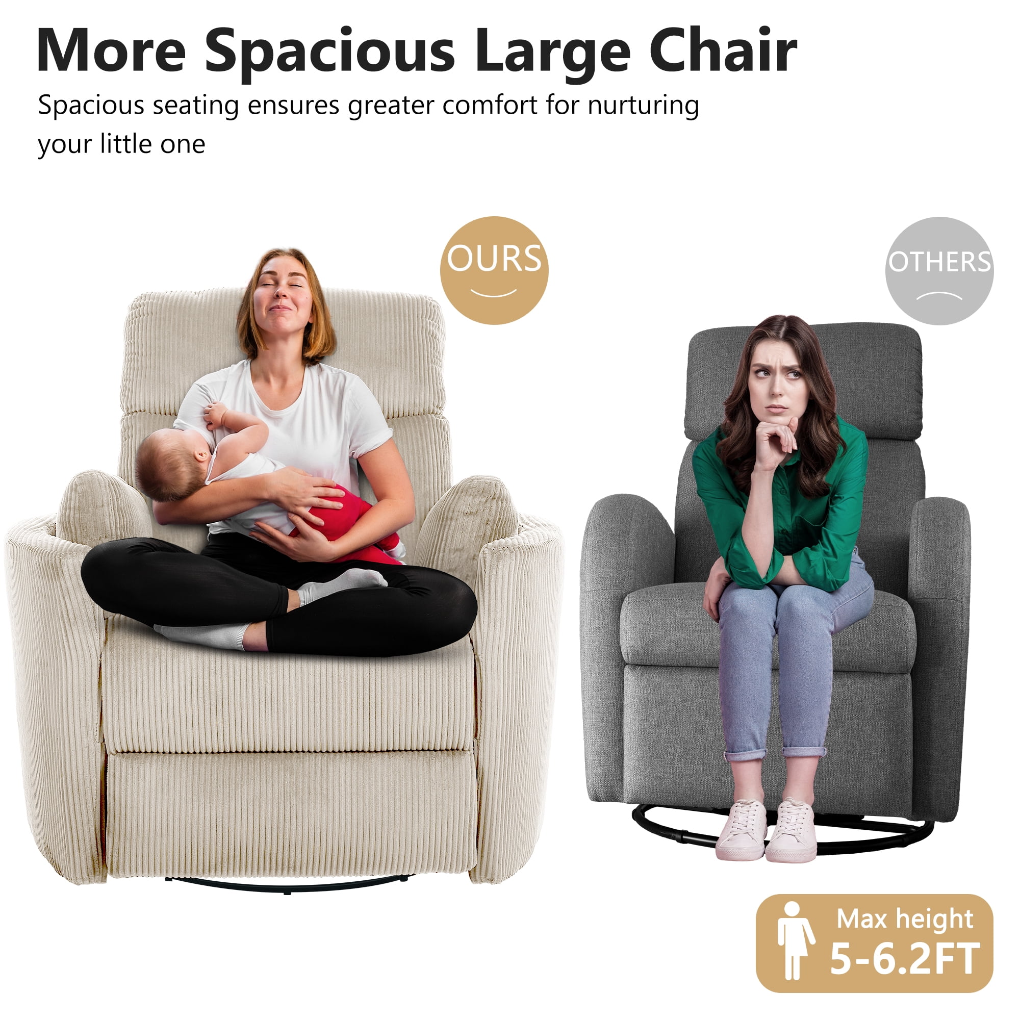 36.72'' Wide Swivel Rocker Glider Recliner with Adjustable Pillows and USB, Beige Corduroy Nursery Chair