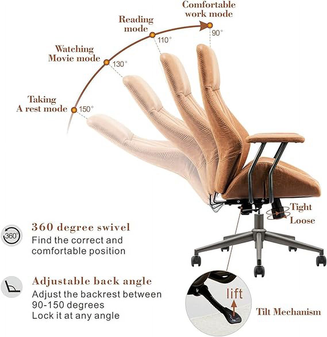 XIZZI Ergonomic Computer High Back Chair, Adjustable Office Desk Chairs Home Suede Fabric Chair-Light Brown