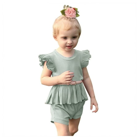 

Fesfesfes Toddler Baby Girls Ruffles Fly Sleeve Solid Tops Shorts Outfits Sets