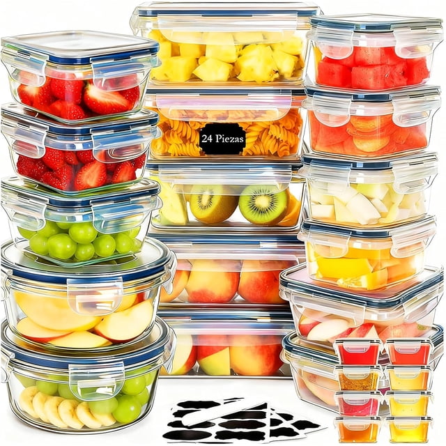 Set de 24 Contenedores Herméticos para Alimentos A prueba de derrames. Ideal para Meal Prep y Almuerzo, Ahorra Espacio en Refrigerador y Cocina. Apto Microondas y Lavavajillas